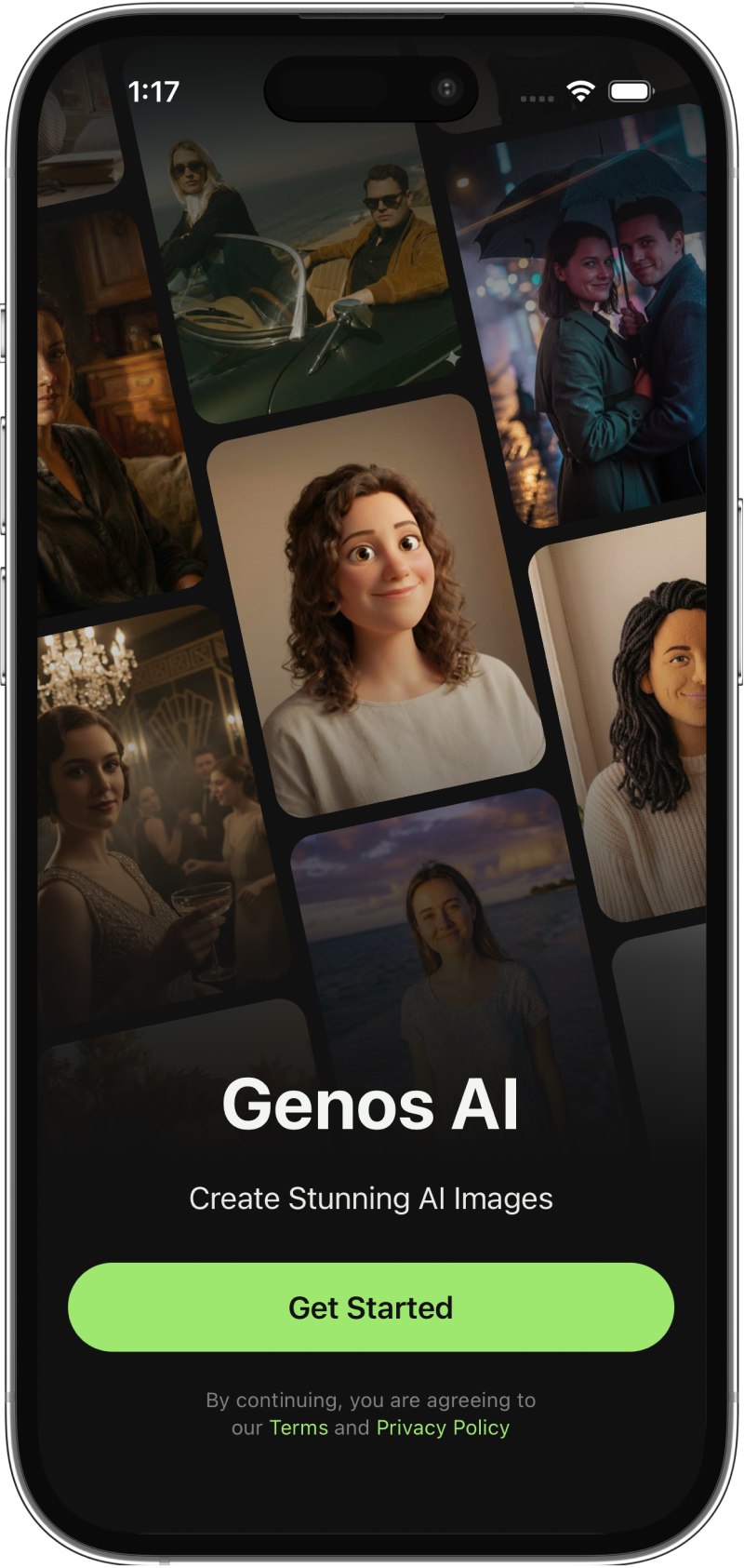 Genos AI mobile app showing photo transformations
