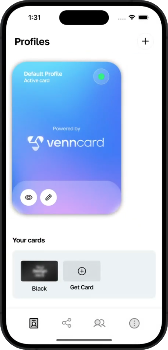 VennCard app showing the profiles and cards screen
